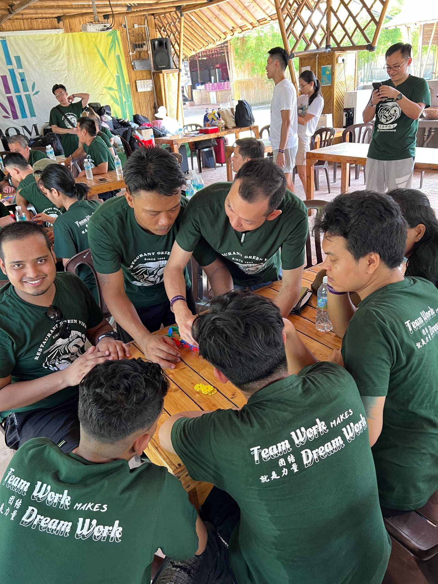 Team members working together on a team-building activity